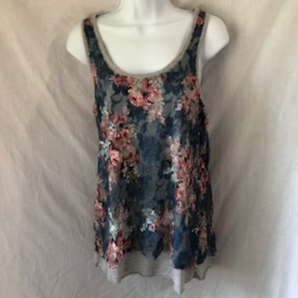 Almost Famous Tank w/Floral Gauzy Overlay on Gray Cotton Size XL Blue w/Roses